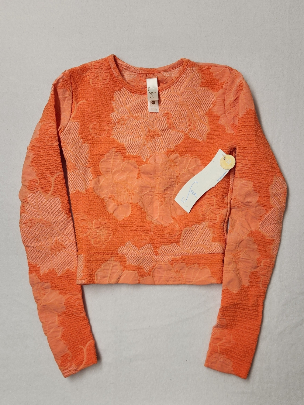 Seea Palomar Rashguard XS Orange Textured Floral Crop Top Surf Boho Retro Summer